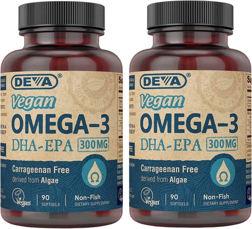 DEVA Vegan DHA-EPA Nutritional Supplement, Non-Fish Afgeleid uit Algen, 300 mg Potentie, 90 Vegetarische Softgels - Pack of 2