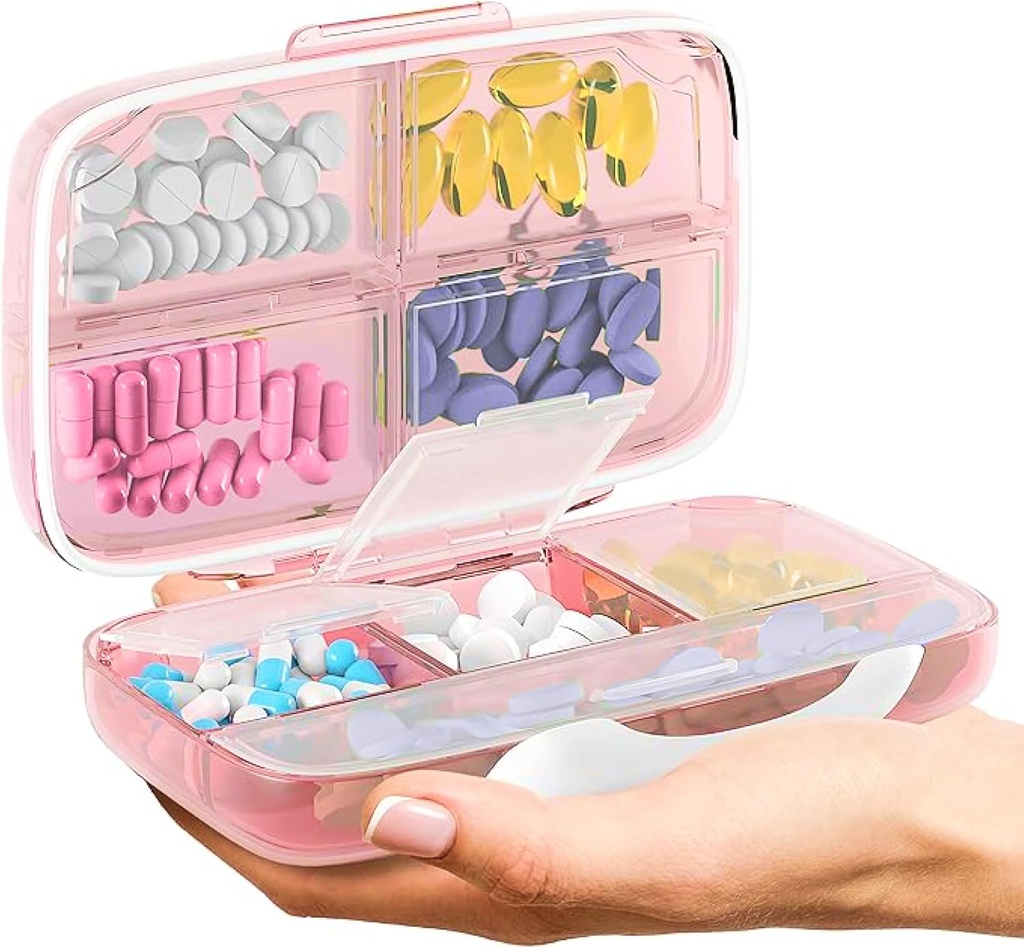 Travel Pill Organizer - Airtight Medicine Case for Traveling Portable Pharmacy Box with Labels Vitamin Container 8 Compartment Supplement Medication Holder Large Capacity Daily (Pink)
