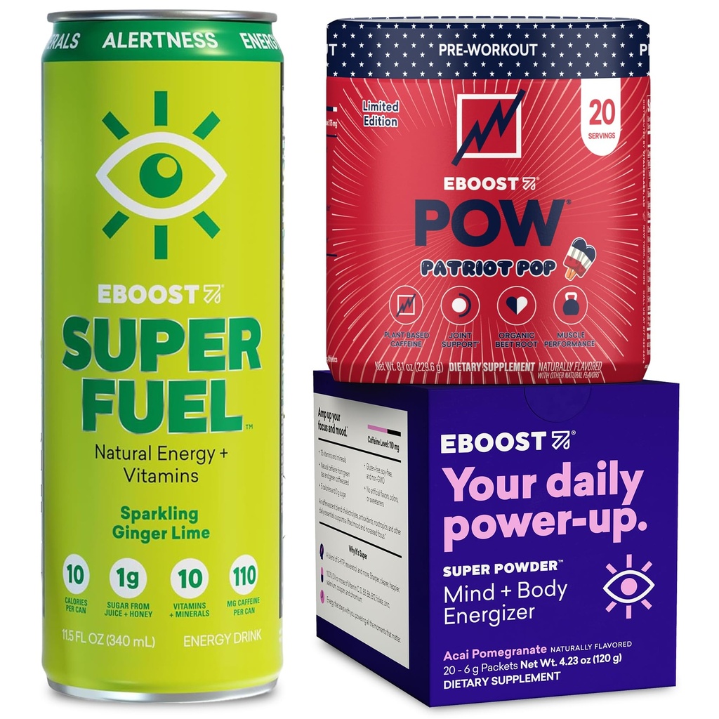 EBOOST Super Powder Acai Pomegranate Super Fuel Ginger Lime and POW Patriot Pop Pre Workout Bundle