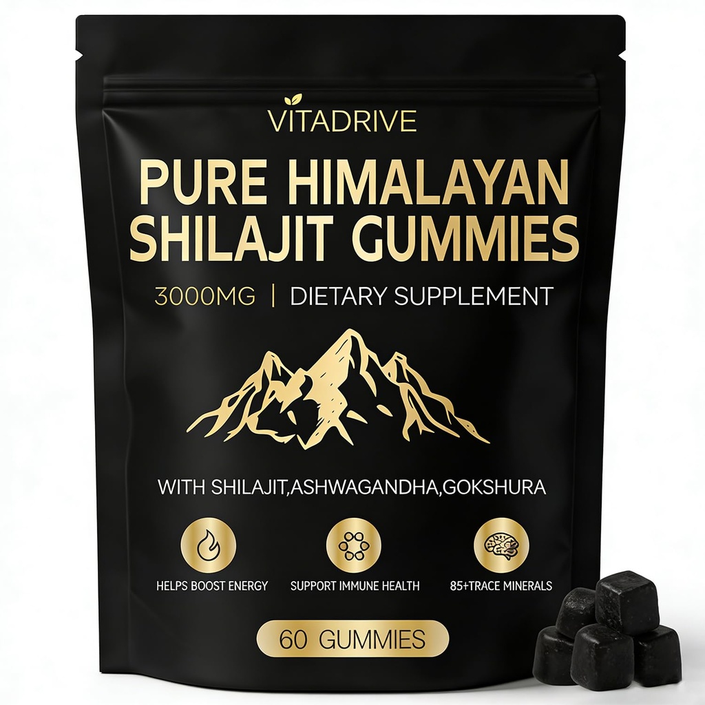 Himalayan Natural Shilajit Gummies, Shilajit Gold Gummies Energy Boost, 85+ Trace Minerals and Fulvic Acid for Energy Boost, All-Natural Sugar-Free Vegan for Men & Women, 60 Count