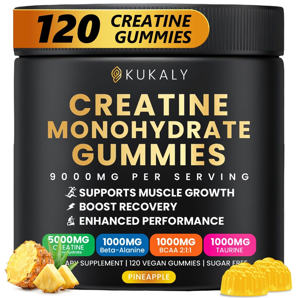 kukaly Creatine Monohydrate Gummies for Men & Women, 9000MG Creatine Gummies Sugar Free with L-Taurine, BCAA 2:1, B12 B6 for Boost Strength, Focus & Endurance, Vegan, Non-GMO, Pineapple 120pcs