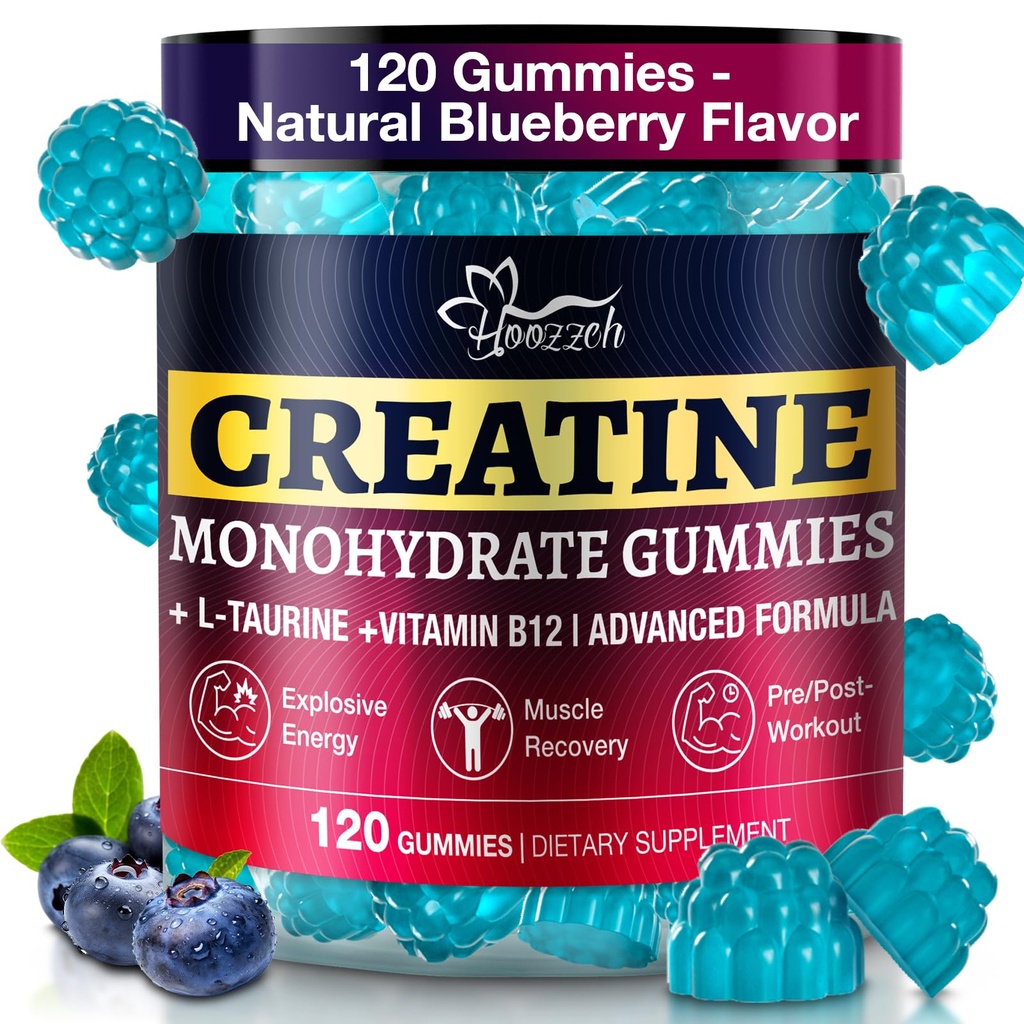 Creatine Gummies for Women & Men - Blueberry Flavor, Chewable Creatine Monohydrate Gummy - 5g Creatine per Serving - Low Sugar -120 Gummies (30 Days Supply)