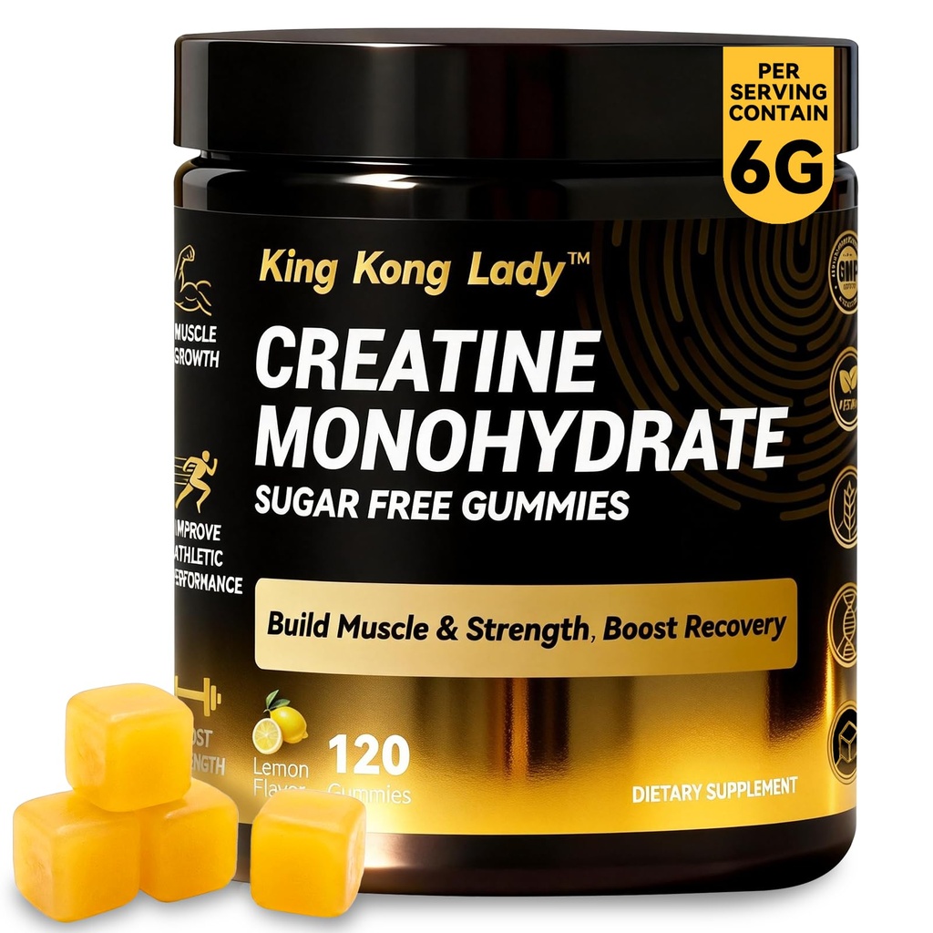 Sugar Free Creatine Monohydrate 6000mg, Authentic Ingredients, Chewy Lemon Flavor Gummies for Men & Women, Muscle Builder,Strength & Faster Recovery,120 Count