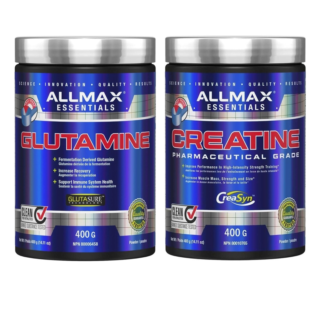 ALLMAX Creatine Monohydrate + L-Glutamine Powder Stack – 400g Each – Pure Micronized Creatine & Fermented Glutamine for Strength, Recovery & Muscle Support – Vegan, Gluten Free, cGMP Certified