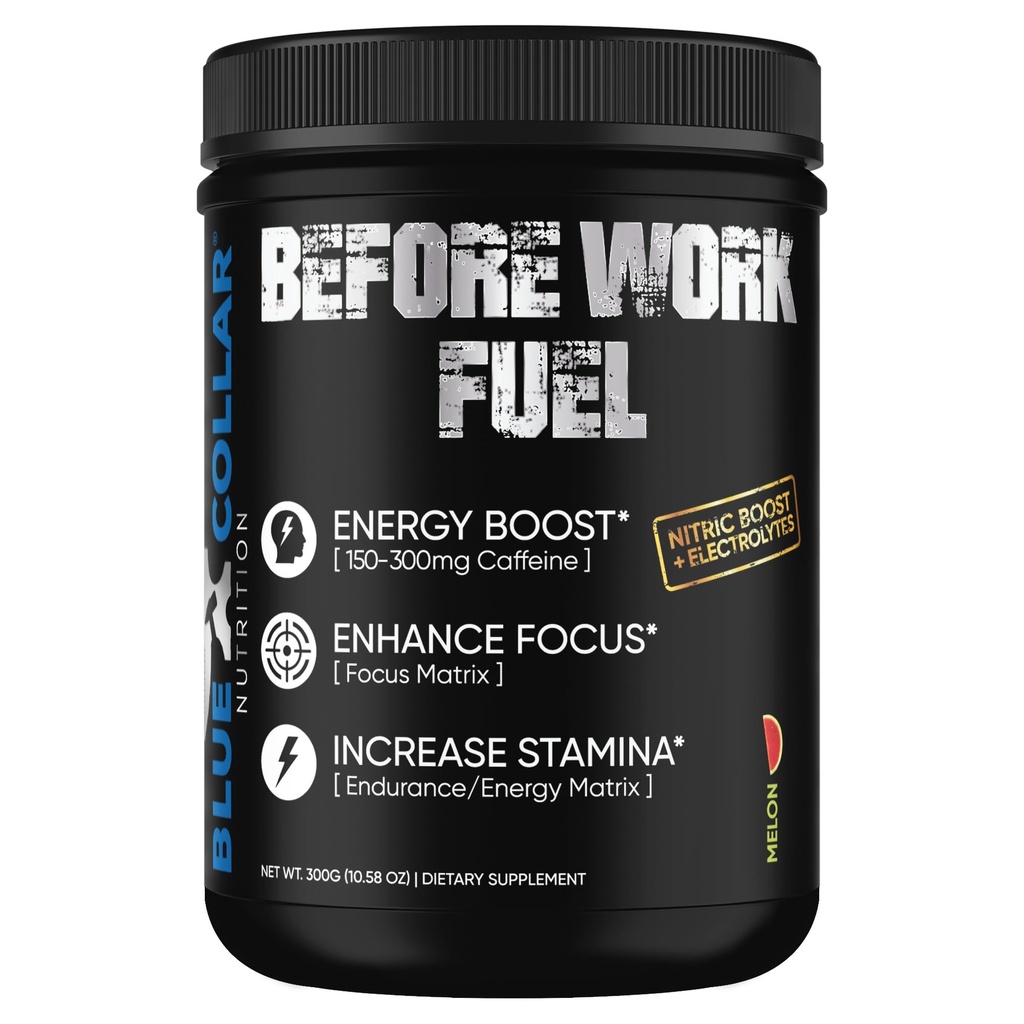BLUE COLLAR NUTRITION Before Work Fuel – Pre-Work Formula to Support Energy, Focus & Endurance – 30 Servings (All Flavors) (30 Servings, Melon)