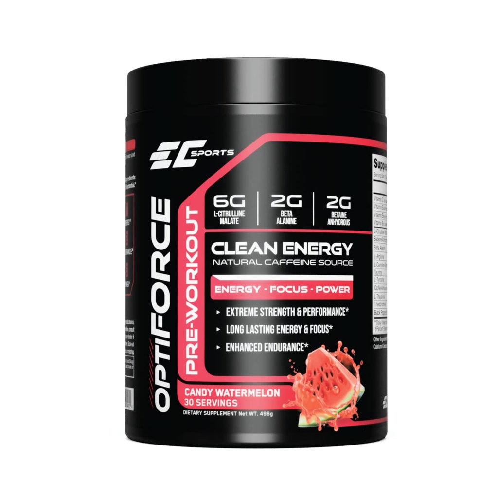 EC Sports OptiForce Pre-Workout Candy Watermelon Supplement Powder - Clean Energy & Natural Caffeine w/Long-Lasting Endurance and Focus - 30 Servings
