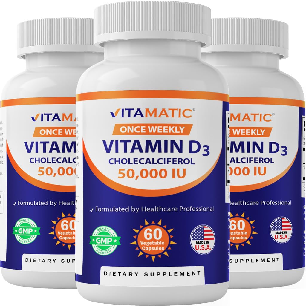 Vitamatic 3 Pack Vitamine D3 50.000 IE (als Cholecalciferol), eenmaal per week dosis, 1250 mcg, 60 Veggie Capsules 1 Jaar Aanvoer, Progressieve Formule helpen vitamine D Tekorten
