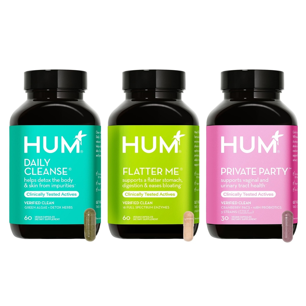 HUM Womens Health Bundle - Detox for Clear Skin and Improved Digestion, with Digestive Enzymes for Bloat Relief, and Vaginal Probiotics for a Full Bodies Approach to a Womens Health
