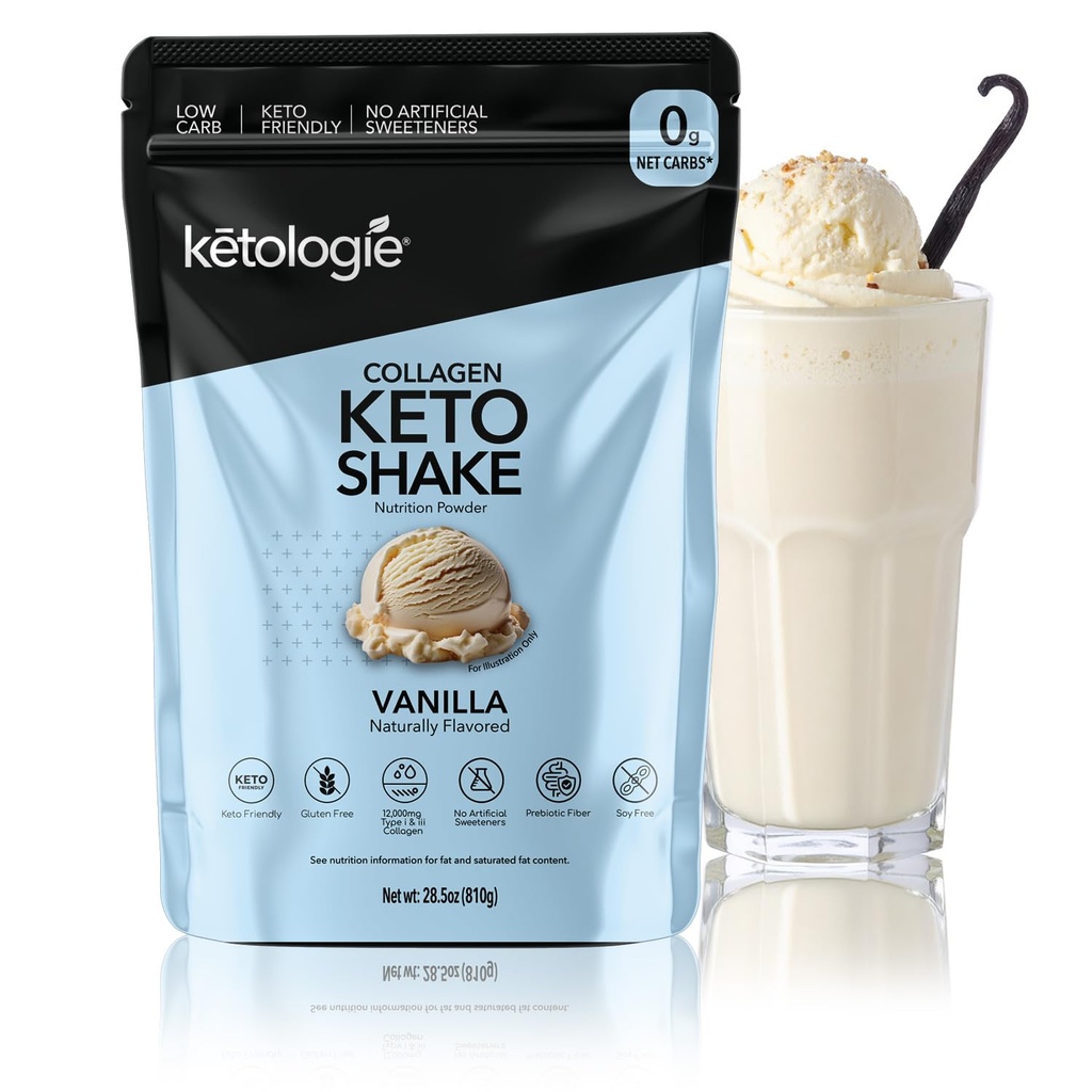 Keto Collagen Shake - with Coconut Oil, Prebiotics, Grass Fed Hydrolyzed Collagen Peptides Type I & III, Low Carb, Gluten Free - Vanilla