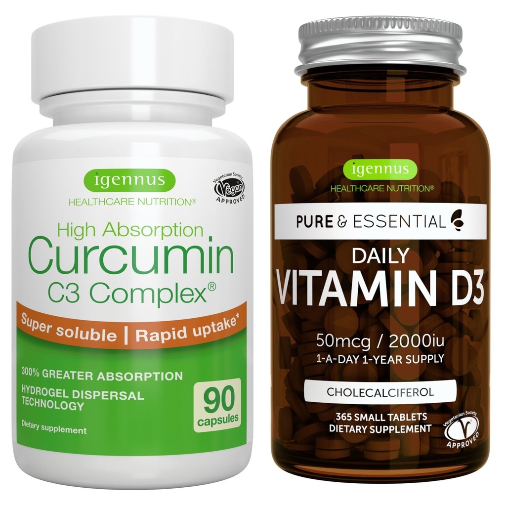 Daily Vitamin D3 + High Absorption Curcumin C3 Complex, Vegetarian Bundle, 365 2000iu Vitamin D3 Tablets + 300% Greater Absorption Curcuminoids with Rapid Uptake, by Igennus