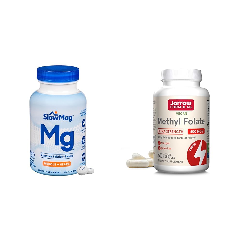 SlowMag Muscle + Heart Magnesium Chloride with Calcium Supplement & Jarrow Formulas Extra Strength Methyl Folate 400 mcg