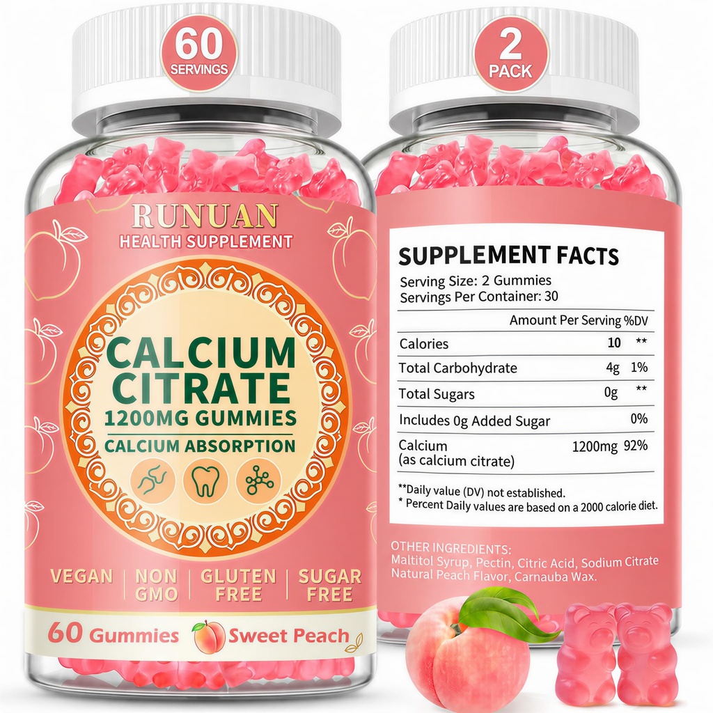 Calcium Citrate Gummies 1200mg – High Absorption Calcium Supplement for Women Men, Sugar Free Calcium Gummies for Bone, Muscle & Immune Support, Non-GMO, Gluten Free, Vegan, Peach Flavor, 120 Count