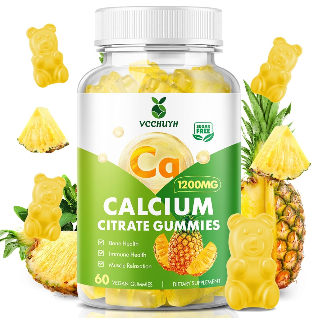 Calcium Citrate Gummies 1200 mg, Sugar Free Calcium Gummies for Adults & Kids, Chewable Calcium Supplements for Women, Bone & Immune Support, Pineapple Flavor 60 Count