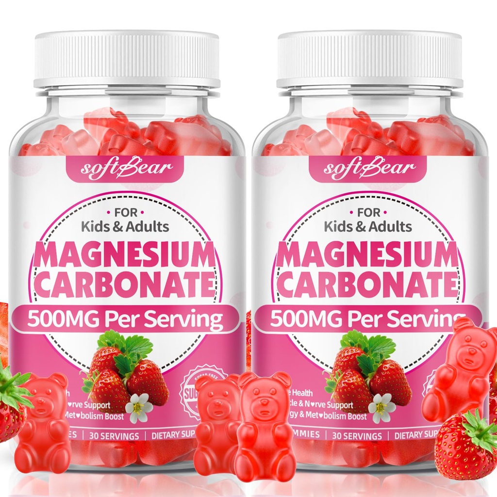 softbear Magnesium Carbonate Gummies 500mg, Sugar-Free Magnesium Supplement Gummies for Adults & Kids Support Bone & Muscle & Digestive Health, Vegan/Organic, Strawberry Flavor 120 Count
