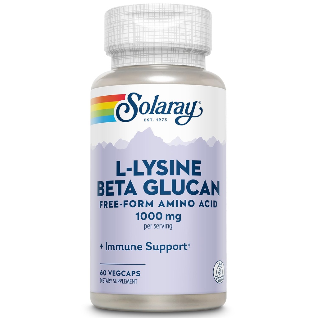 SOLARAY L-Lysine met Beta Glucan, Vrije vorm Aminozuur, L-Lysine 1000 mg Capsules, Immuun Ondersteuning Supplement, Gezonde huid en lippen Ondersteuning, 60-dagen garantie, Lab geverifieerd, 30 porties, 60 VegCaps