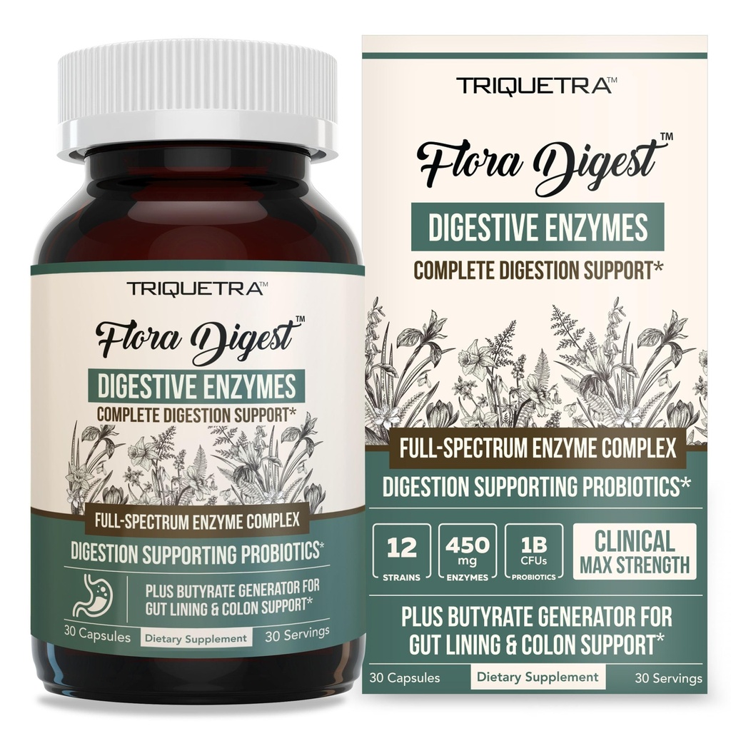 Flora Digest - 3-in-1 Max Strength Digestive Enzymes + Gut Surviving Probiotics & ButyraGen® Postbiotic for Optimal Digestion, Bloating Relief, Regularity, Gut Lining & Colon Support - (30 Capsules)