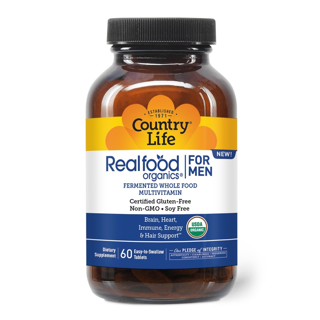 Country Life RealFood Organics for Men 60 Tablets 1300mg Biologische Gefermenteerde Gefermenteerde Gehele Voedingsmiddelen, 7-Mushroom Superfood & aweel en Glutenvrij, Veganistisch & USDA Biologische Multivitamine
