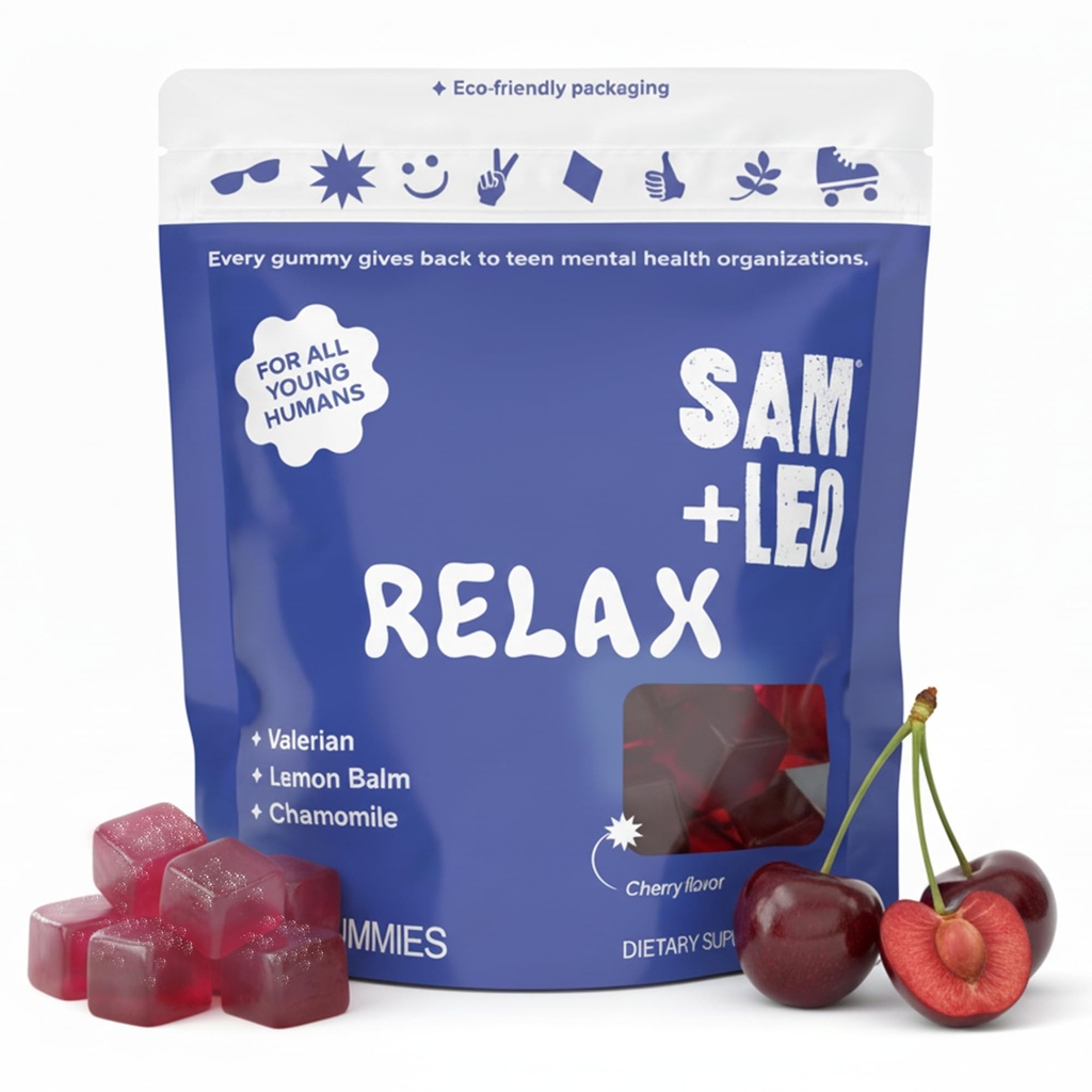 SAM+LEO Relax Gummies with Valerian, Lemon Balm & Chamomile for Kids & Teens – Stress Relief & Relaxation Support – Vegan & Gluten Free, Cherry Flavor (60 Count)