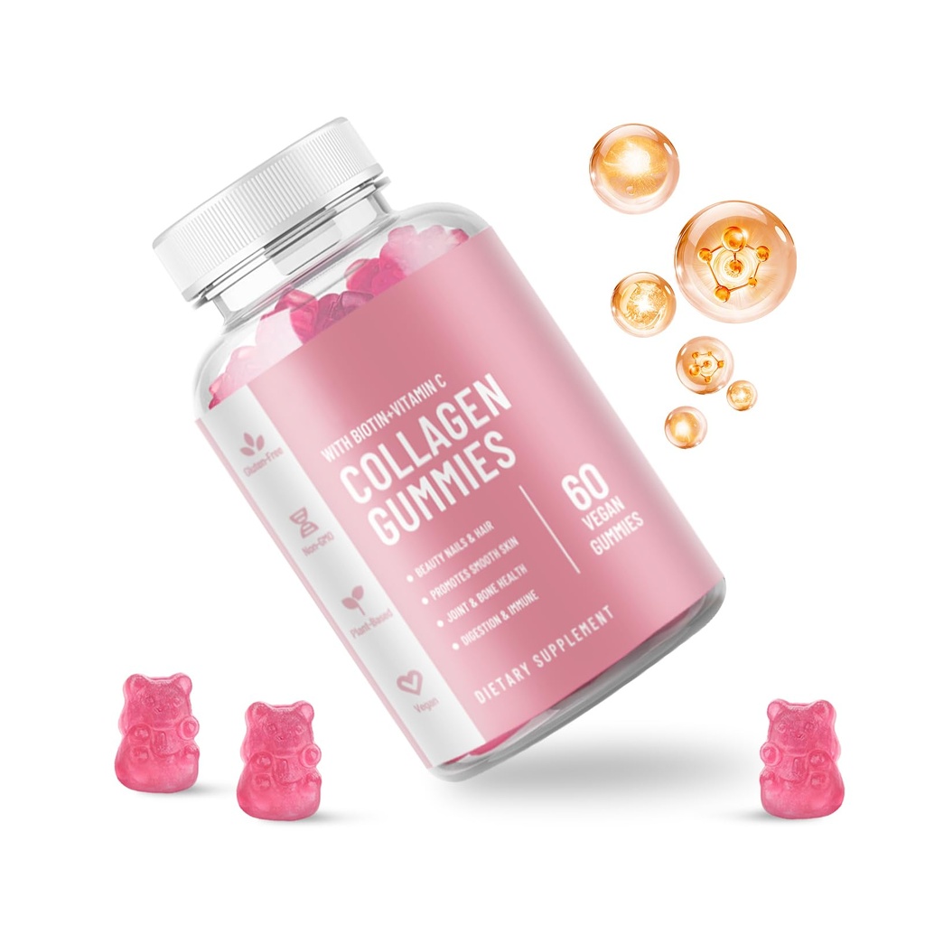 60PCS Collagen Gummies - Promotes Collagen Production - Supplements Vitamin C, E- Supports Skin, Joints, Nails and Hair