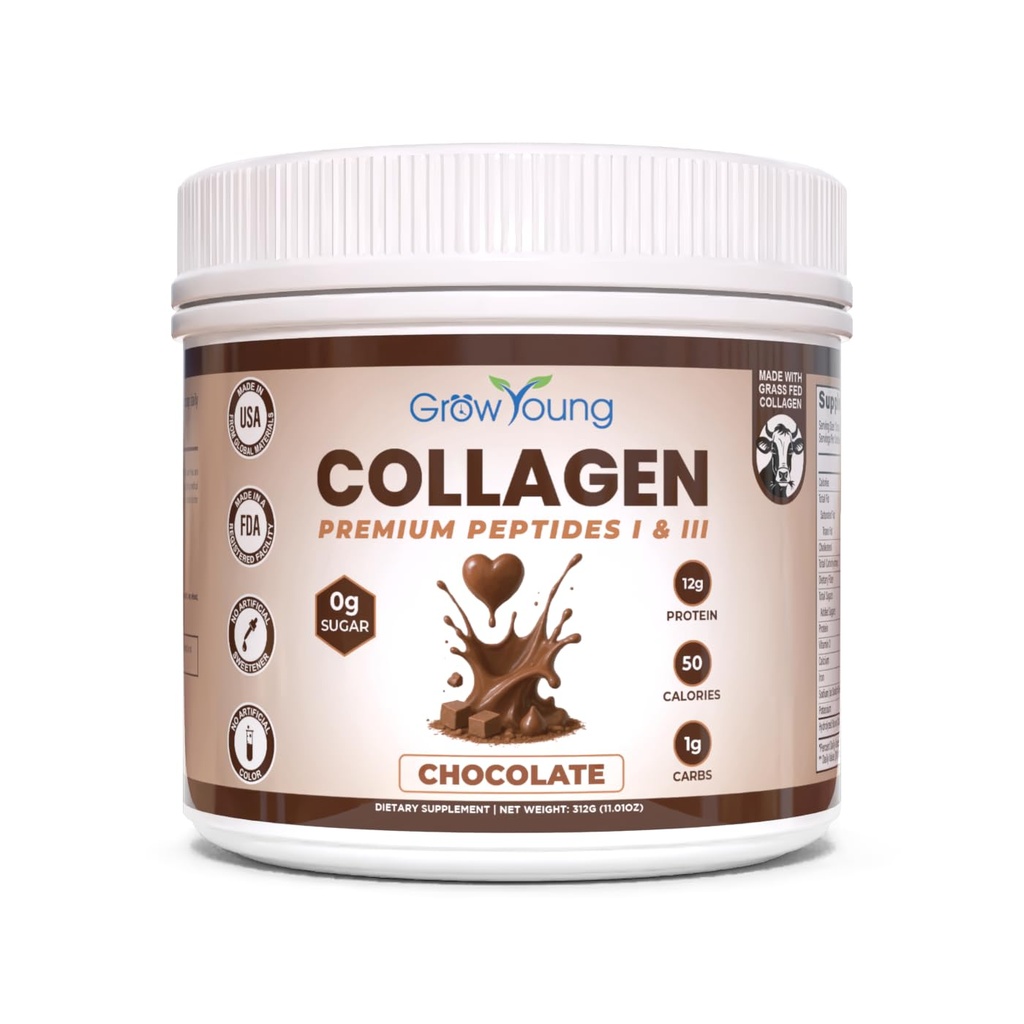 Grow Young Fitness Chocolate Collagen Protein - Promotes Skin, Bones, Joints, Weight Loss, Sugar Free (13.5 oz, 20 Servings)