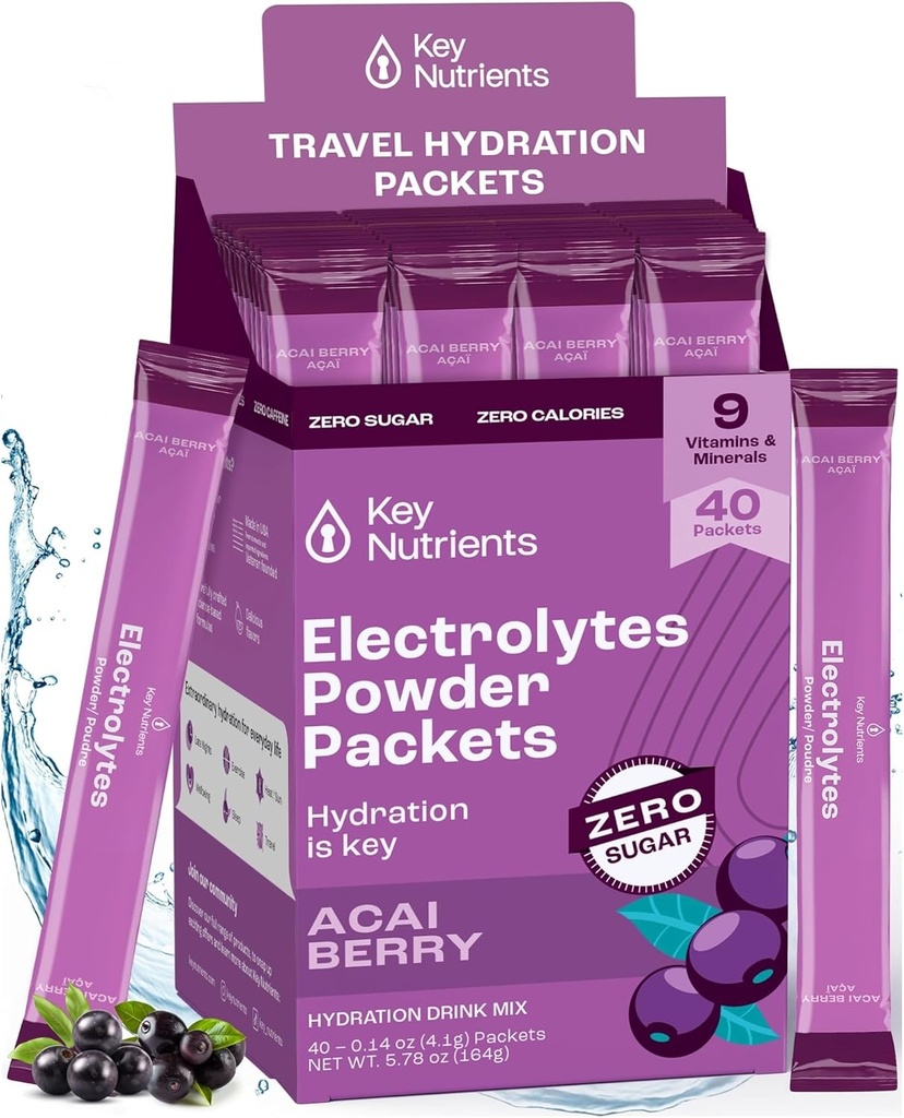 KEY NUTRIËNTEN Multivitamine Elektrolyten Poederverpakkingen - Heerlijke Acai Berry 40 Pack Hydration Packets - Reizen Hydration Powder - Geen Suiker, Geen Calorieën, Glutenvrij - Made in USA