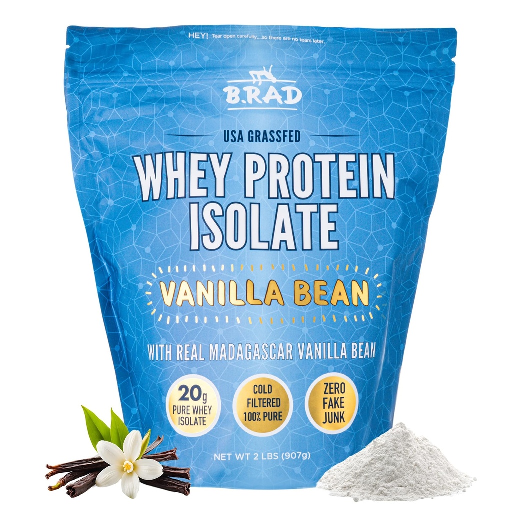 B.rad Grass Fed Whey Protein Isolate Powder - Protein Powder with All-Natural Ingredients - Gluten Free Pre-Workout Powder for Men and Women - 2 Pounds - 100% USA Sourced - Vanilla Bean