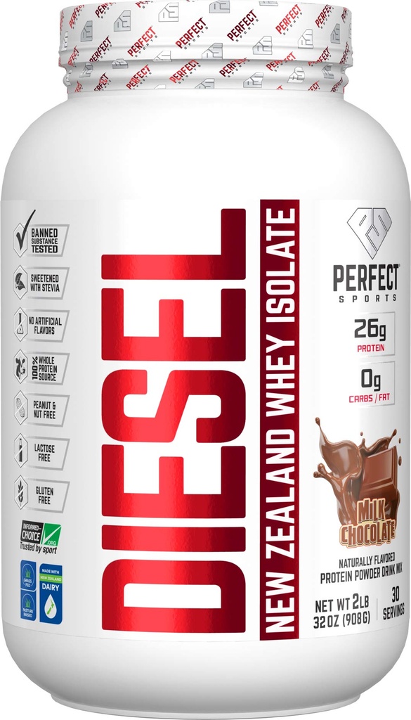 PERFECT SPORTS Diesel 100% New Zealand Whey Protein Isolate | Stevia Sweetened, No Artificial Ingredients, Keto | 0g Carb, 0g Fat, 26g Protein | 2 Pounds (Milk Chocolate)