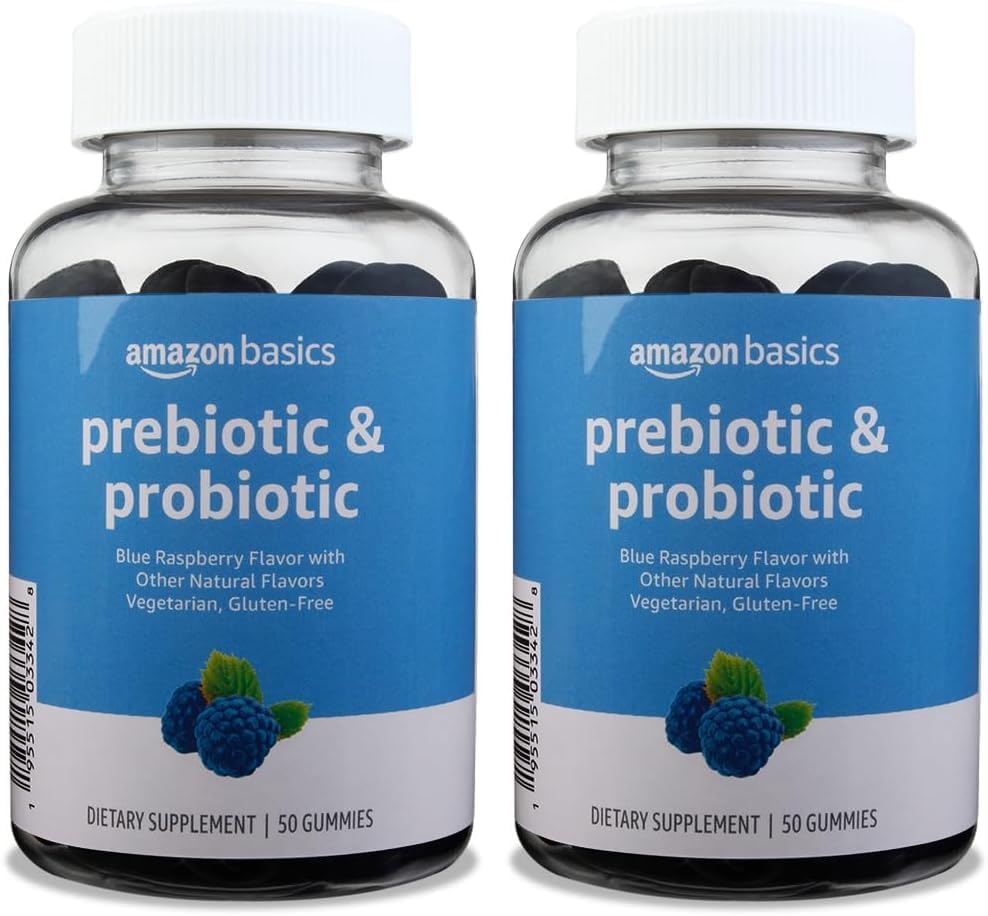 Basics Prebiotic & Probiotic Gummies, 2 Miljard CFU, Blue Raspberry, 50 Telling (2 per Serving) (voorheen Solimo) (Pack of 2)