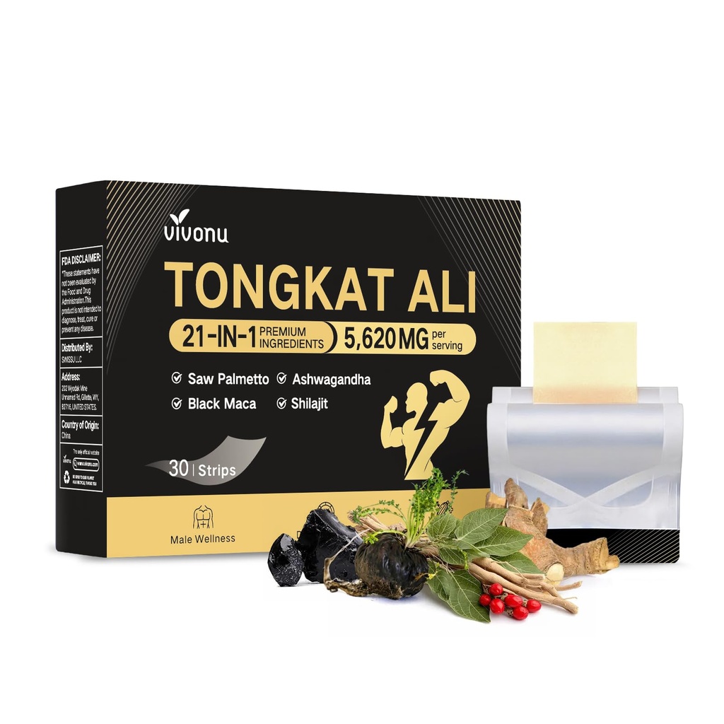 VivoNu sTongkat* Ali* 21-in-1-5,620 mg, 30 Strips | Ashwagandha* and Shilajit, Among Other Herbs, Non-GMO; Gluten-Free; High-Potency Extract