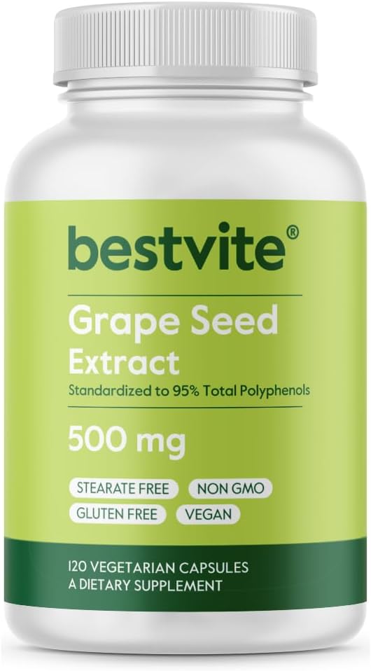 BESTVITE Grape Seed Extract 500mg (120 Vegetarische Capsules) - Geen Stearates - Gestandaardiseerd tot 95% Polyfenolen