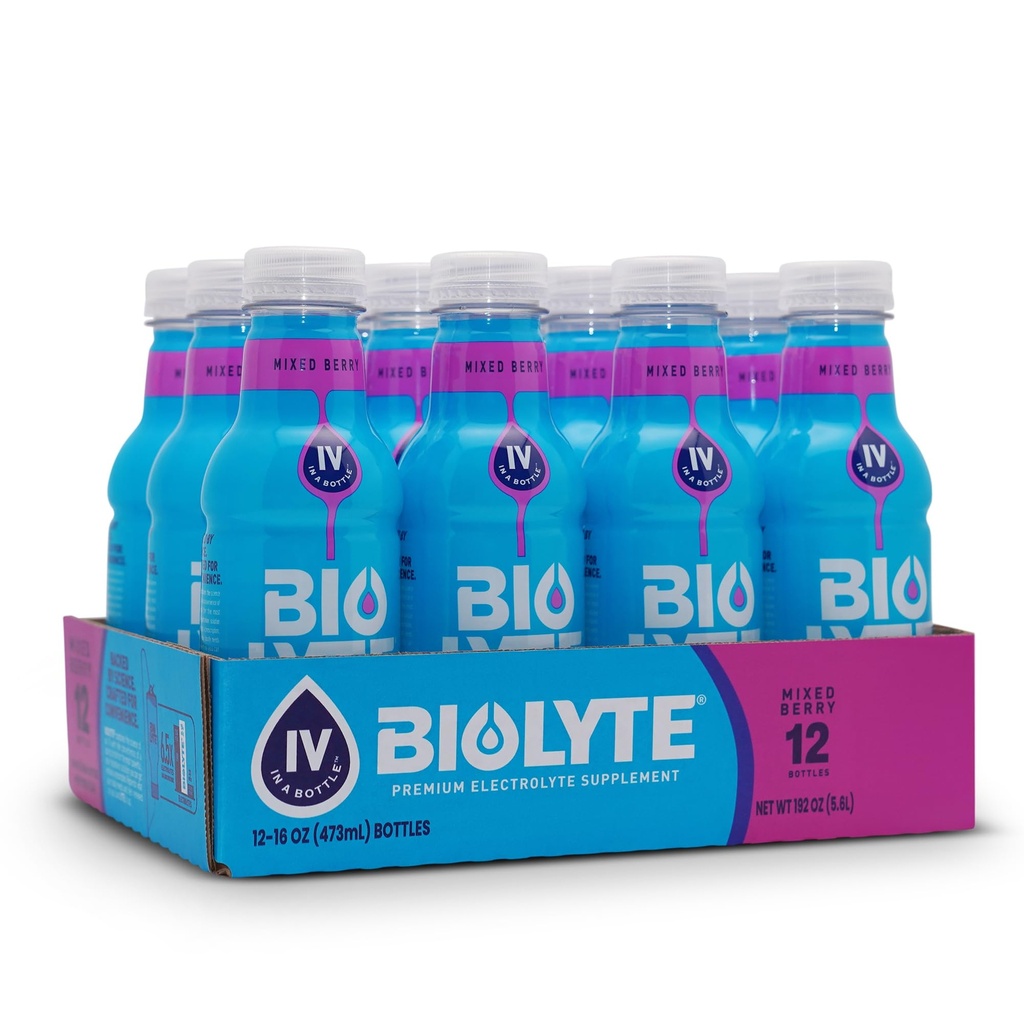 BIOLYTE Electrolyte Drink - Doctor-Formulated Hydration Drink, Electrolytes Water, Chemotherapy Must Haves for Women & Men, Rehydration IV Liquid in a Bottle- Mixed Berry, 16 Fl Oz (12 Pack)