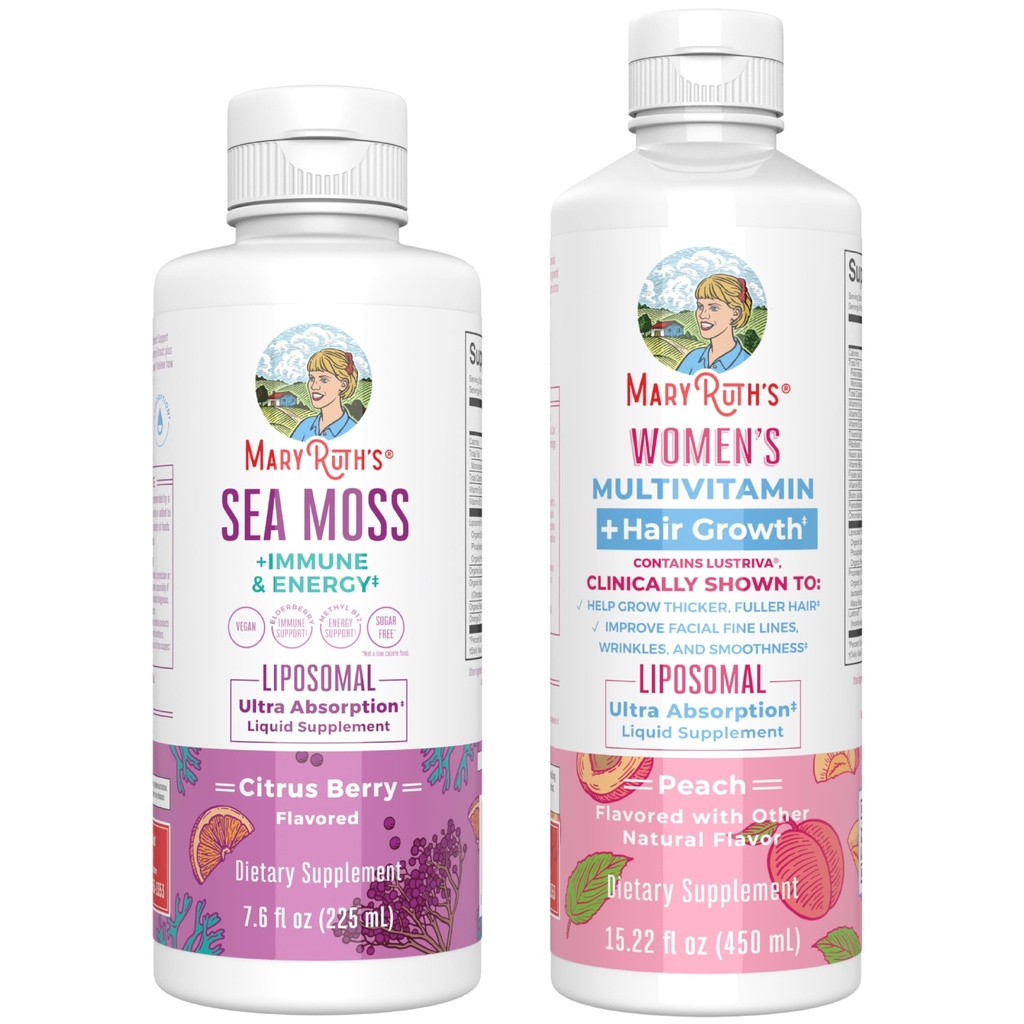 MaryRuth Organics Sea Moss Liposomal (Citrus Berry) & Women's Multivitamin + Hair Growth (Peach) | Clean Label Project Verified® | Vitamins for Energy, Beauty, & Immunity | Vegan, Non-GMO