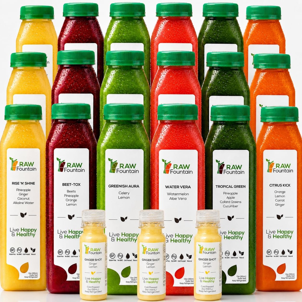 3 Day Juice Cleanse by Raw Fountain, Tropical Flavors, All Natural Raw, Cold Pressed Fruit and Vegetable Juices, Detox Cleanse, Kosher, Vegan, NO Sugar Added, 18 Bottles 12oz, 3 Ginger Shots 2oz