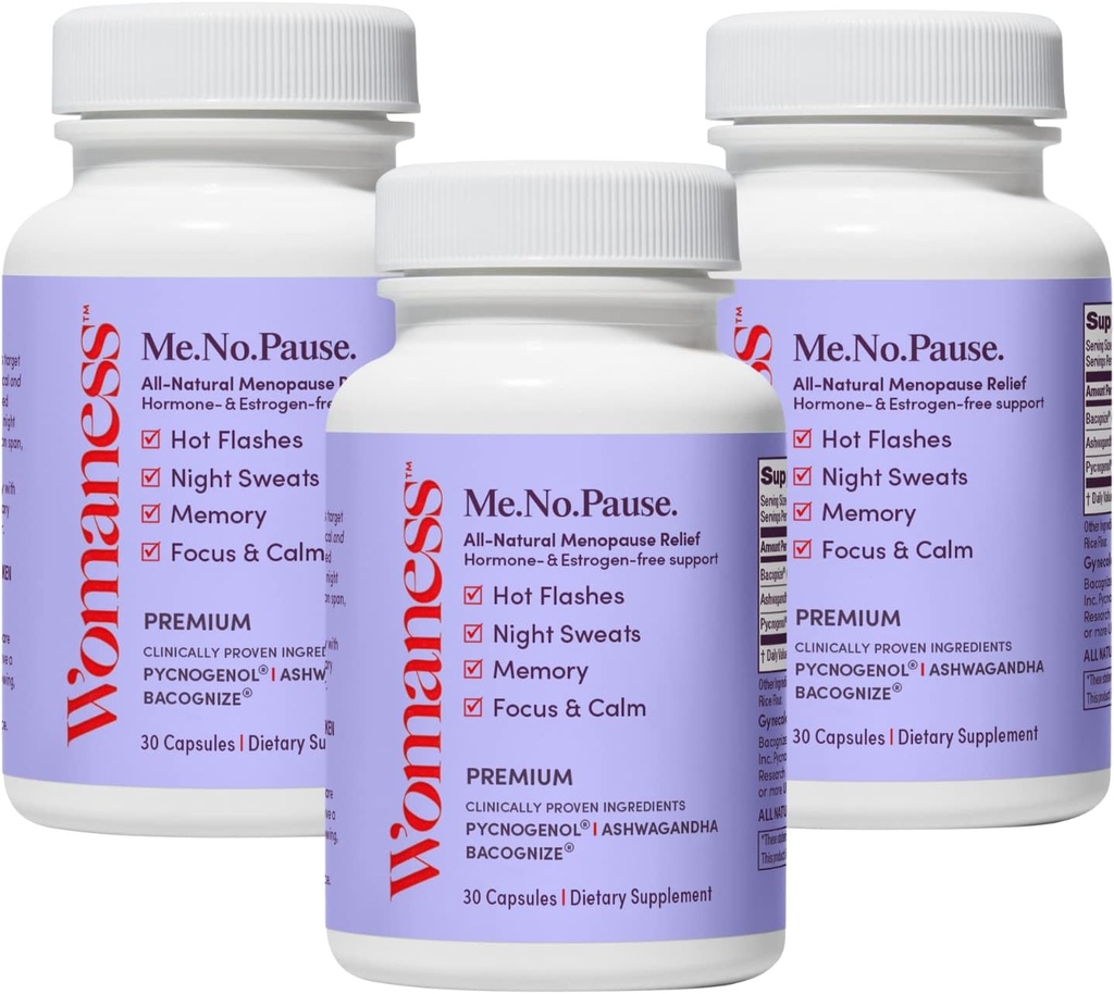 Womaness Menopauze Supplementen voor vrouwen - Perimenopause & Menopauze Relief for Hot Flashes, Night Sweats, Vaginaal Dryness, Brain Fog & Mood Support - Hormone & Estrogen-Free (3 Pack)