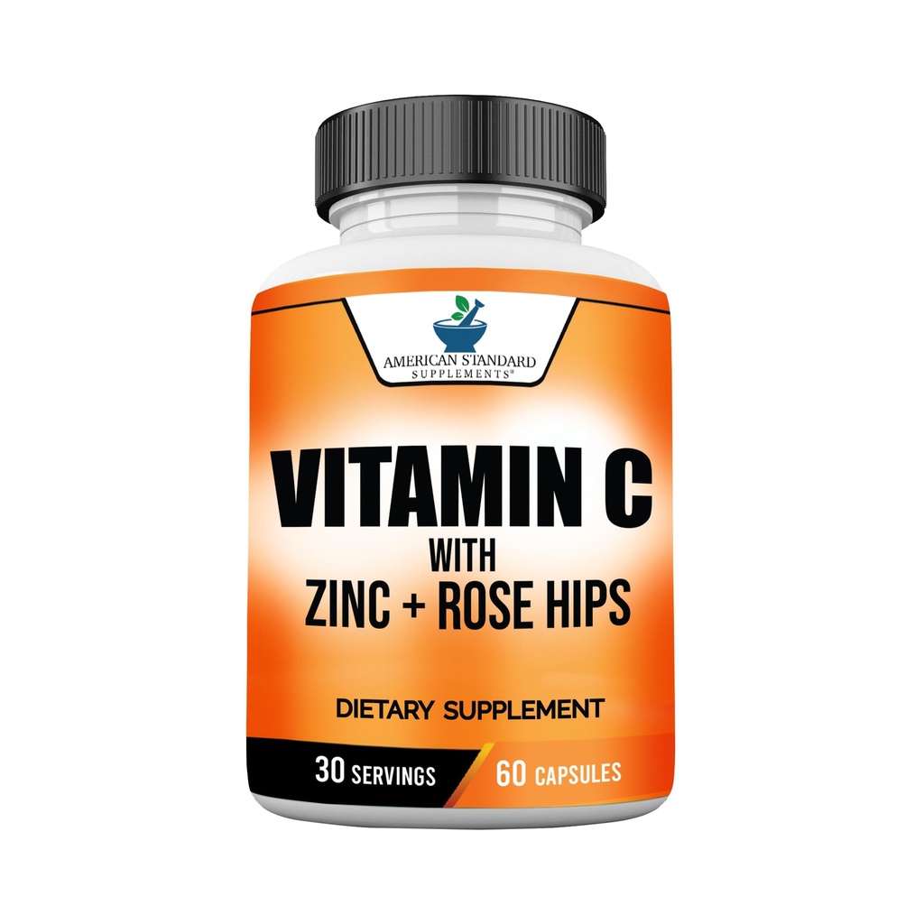 American Standard Supplements Vitamin C 2000mg, Zinc 40mg, and Rose HIPS 50mg Per Serving – Vegan, Gluten Free, Non-GMO (60 Count)
