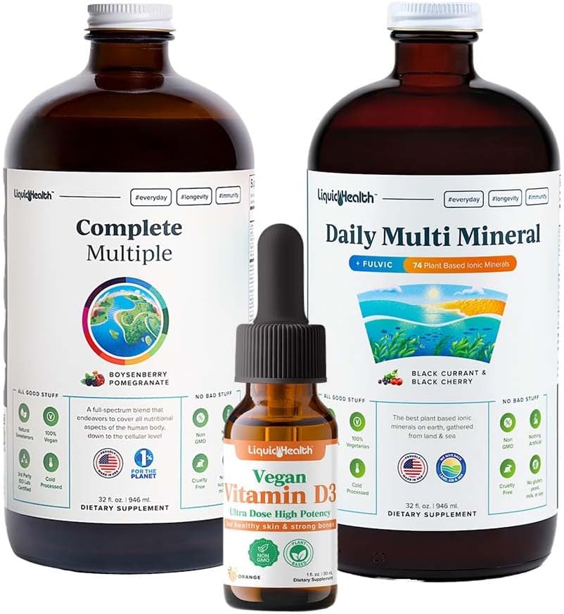 LIQUIDHEALTH Ultra Immunity Liquid Vitamin Bundle voor volwassenen met Complete Multivitamine, Dagelijkse Multi Mineralen en Vegan Vitamin D3 Drops - Immune Support Vitaminen, Whole Foods, Vegan, Non GMO