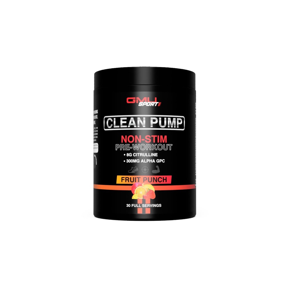 GMU SPORT Clean Pump Non-Stim Pre-Workout, 8G Citrulline, 300MG Alpha GPC - Natural Pre Workout for Men and Women - Non-Stimulant PreWorkout with Amino Energy and Endurance, 30 Servings, Fruit Punch