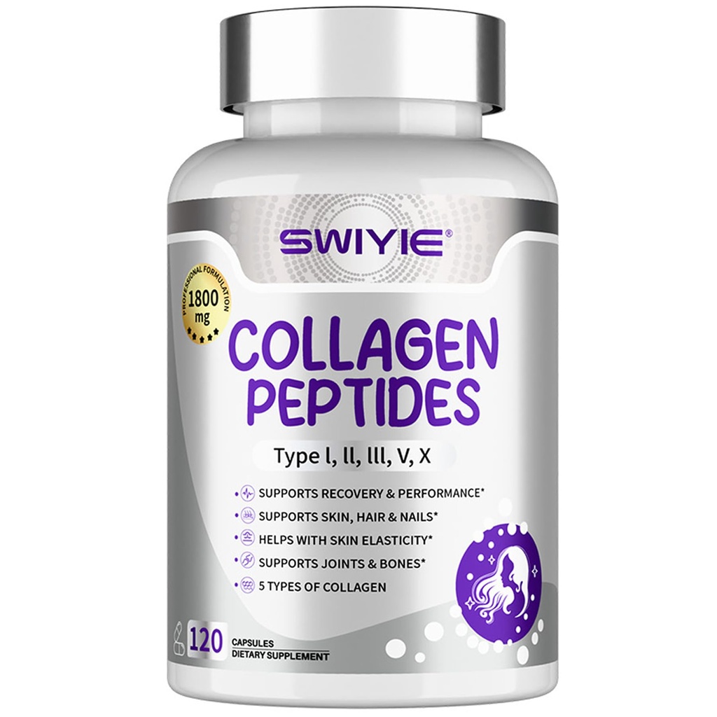 Multi Collagen Peptides Capsules 1800mg, Hydrolyzed Collagen Supplements for Women & Men with Types I, II, III, V & X, Collagen Protein Supports Skin Nails Bones & Joints | 120 Count