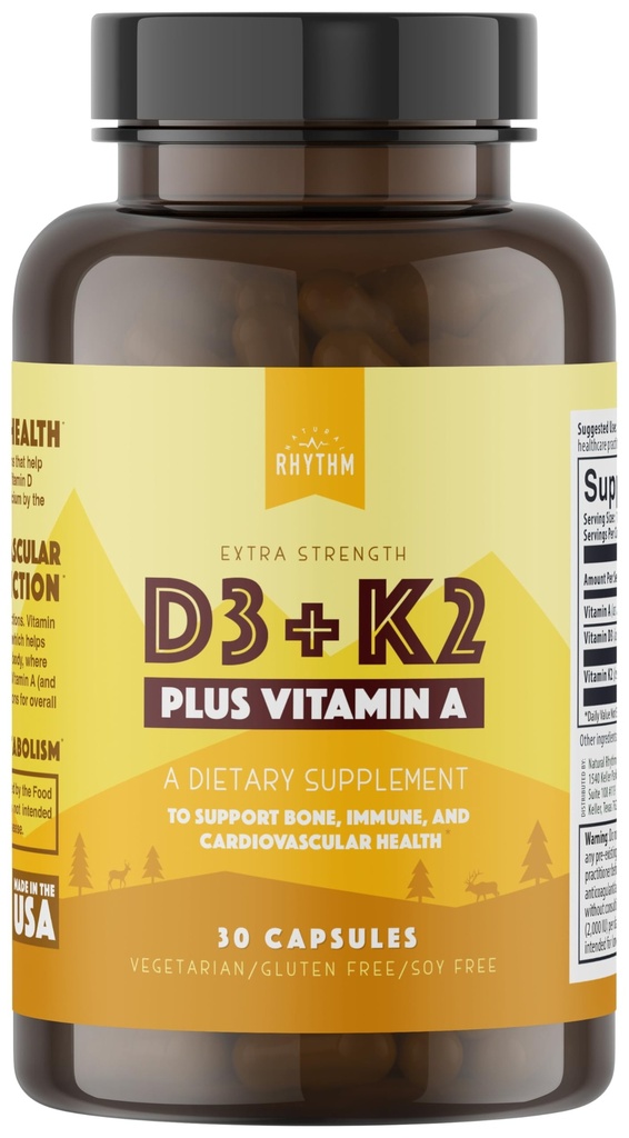 Natuurlijke ritme vitamine D3 + K2 (MK7) Plus vitamine A, voor bot, hart, & immuungezondheid, 30 capsules