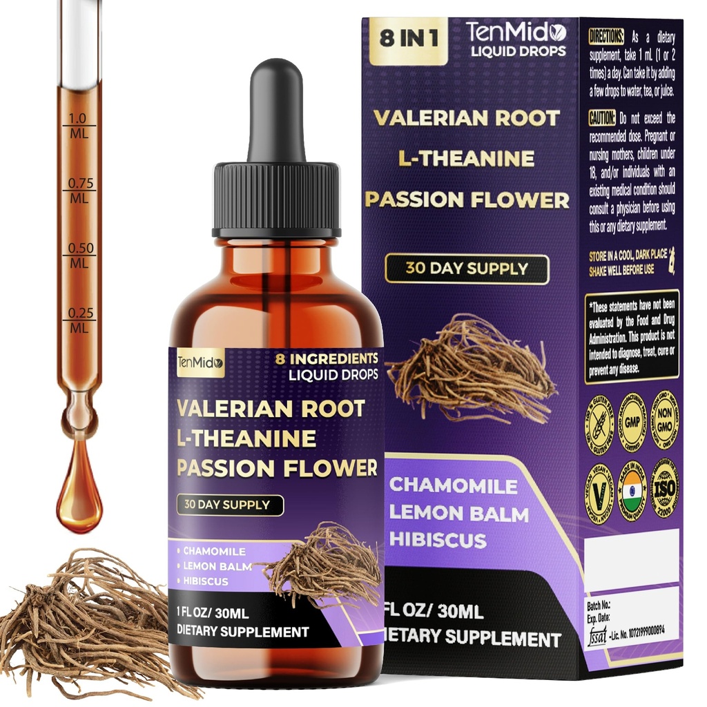 Valerian Root Extract Liquid Drops - 8in1 with L-Theanine, Passion Flower, Chamomile, Lemon Balm, Hibiscus, Lavender, and Soursop - Relaxation Support - 30ml 1 Fl Oz