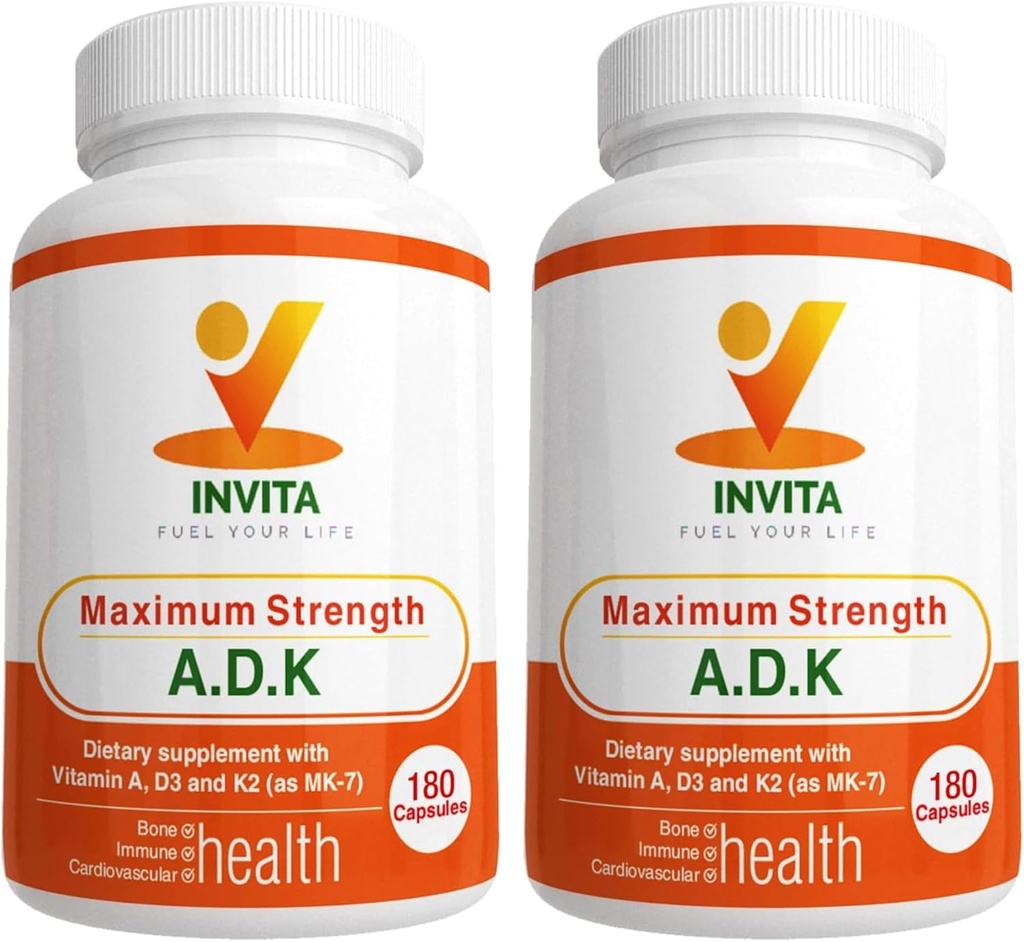 INVITA ADK - Vitaminen A1, Vitamine D3 5000 IE & K2 MK7 Supplement - Arts Formulated Bone & Immuun System Support - Glutenvrij, niet-GMO - 180 Vegetarische Capsules voor mannen en vrouwen
