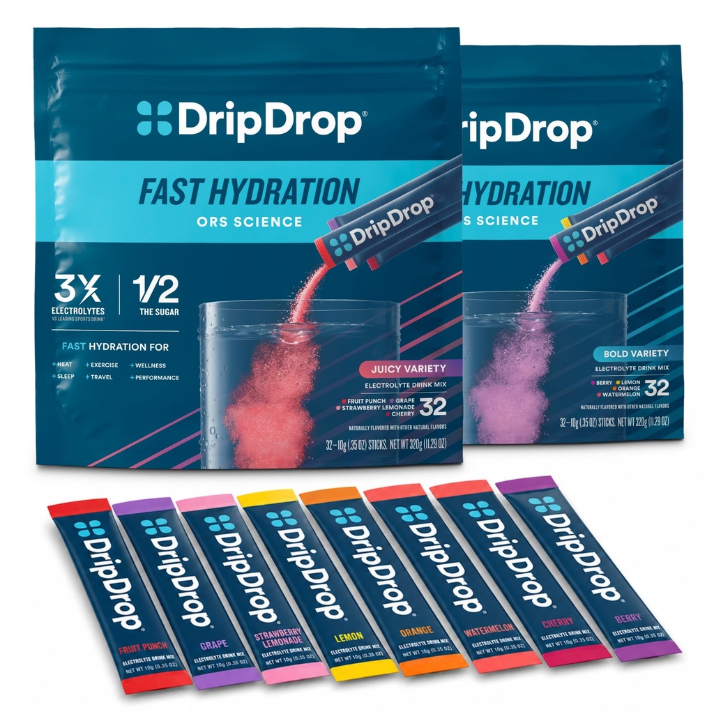 DripDrop Hydration - Electrolyte Powder Packets - Watermeloen, Berry, Citroen, Oranje, Fruit Punch, Druiven, Aardbei Lemonade, Kersen - 64 Tel.