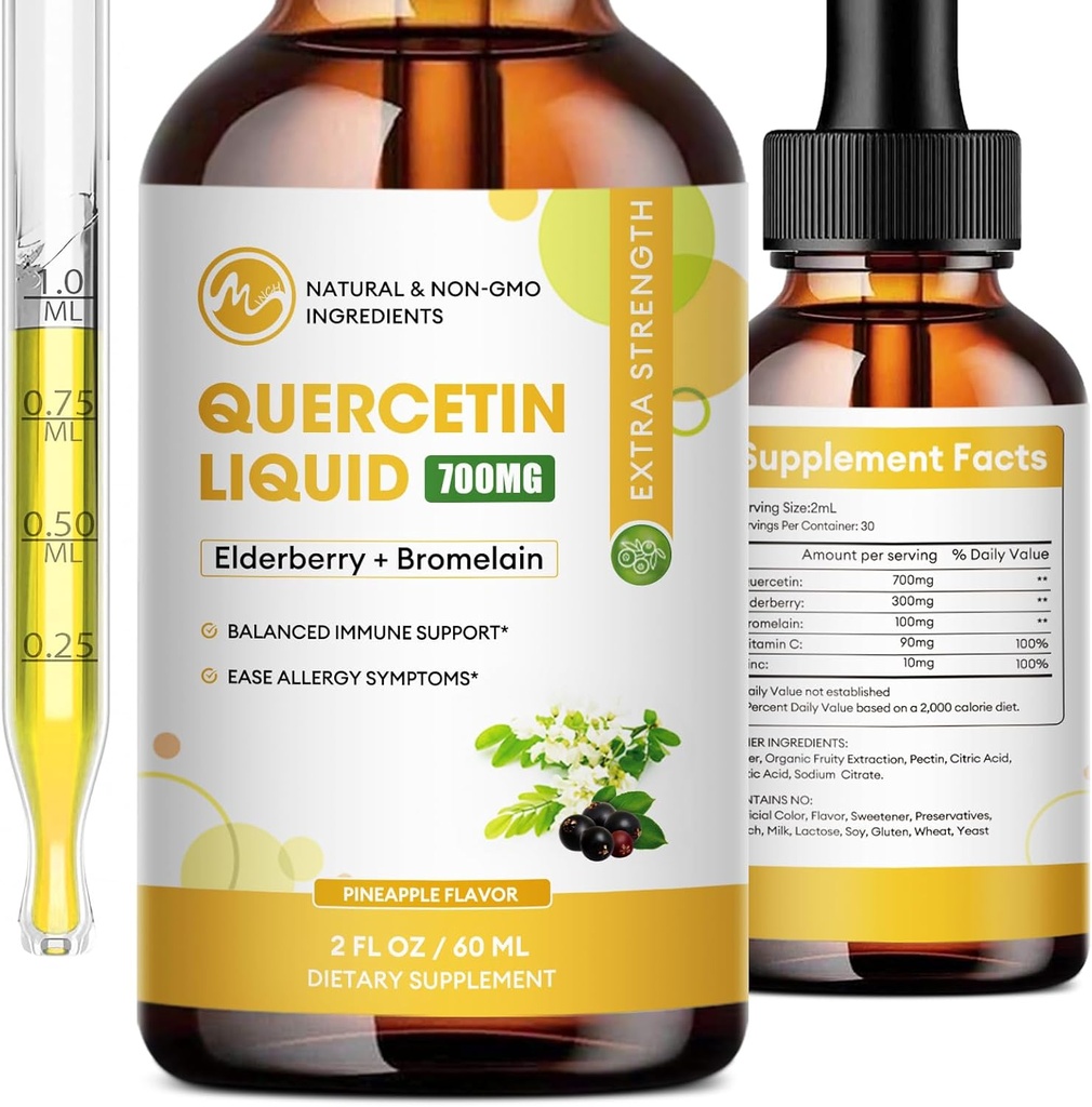 (2 Pack) Quercetine Liquid Drops - quercetine Supplementen 700mg - 4X Sterker dan pillen & capsules - 5 in 1 quercetine met bromelain Vlierbessen Vitamine voor Immunity Respiratory Wellness - 2 Fl Oz*2