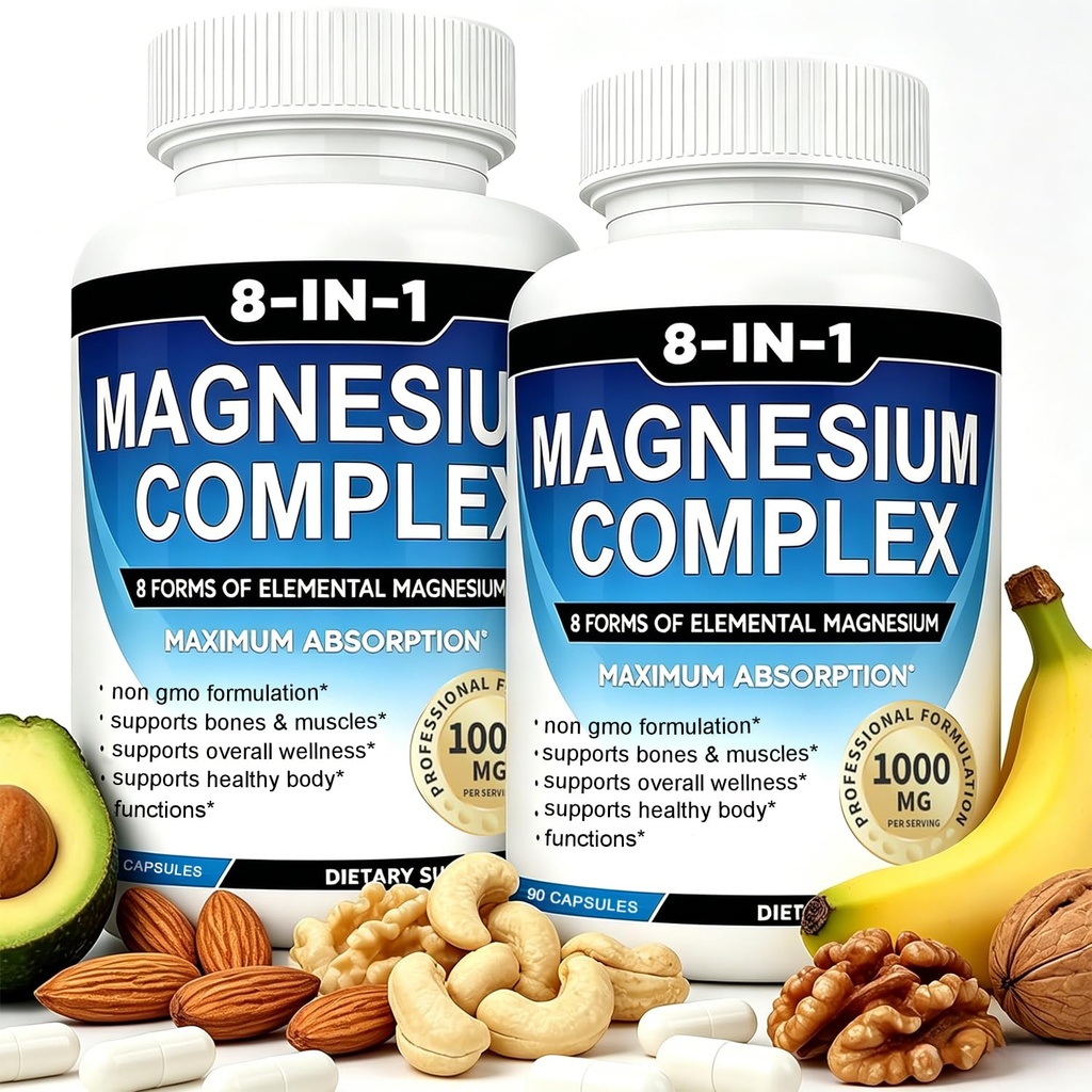 Magnesium Complex Supplement 8 Elemental 1000mg with Glycinate,Citrate for Muscle, Recovery, Stress, Energy, Bone Health, Vegan Non-GMO 180 Capsules, Magnesium Supplement for Women, Men, 2 Bottle