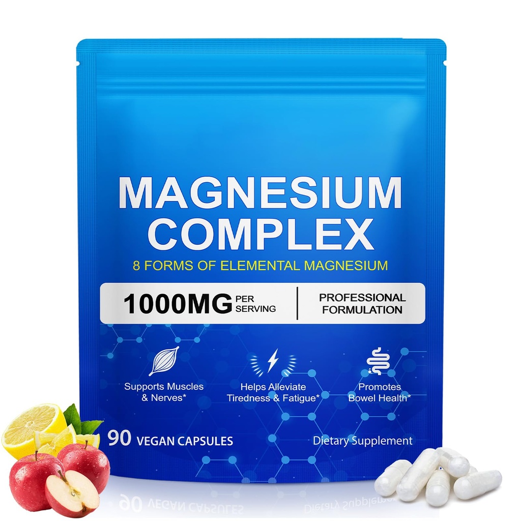 Magnesium Complex 8-in-1 High Potency with 8 Essential Forms, Vegan Capsules for Muscle, Nerve & Bowel Support, Relief Fatigue & Improve Sleep (90 Capsules)