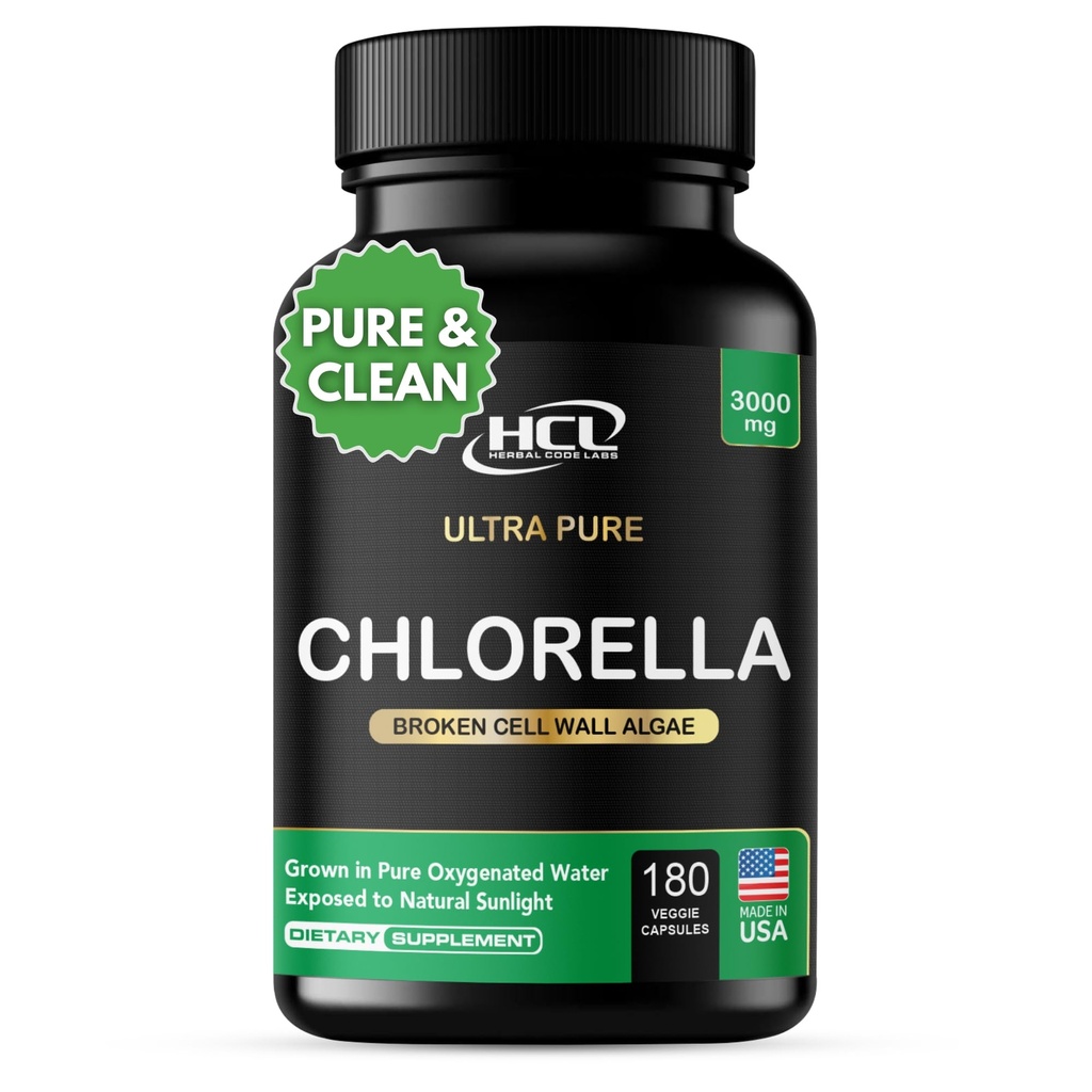 Chlorella Capsules 3000 mg - Cracked Cell Wall Blue Green Algae Supplement - Best Natural Detox Cleanse - Plant Vitamins Minerals Chlorophyll Vegan Protein Powder Pills - Made in USA