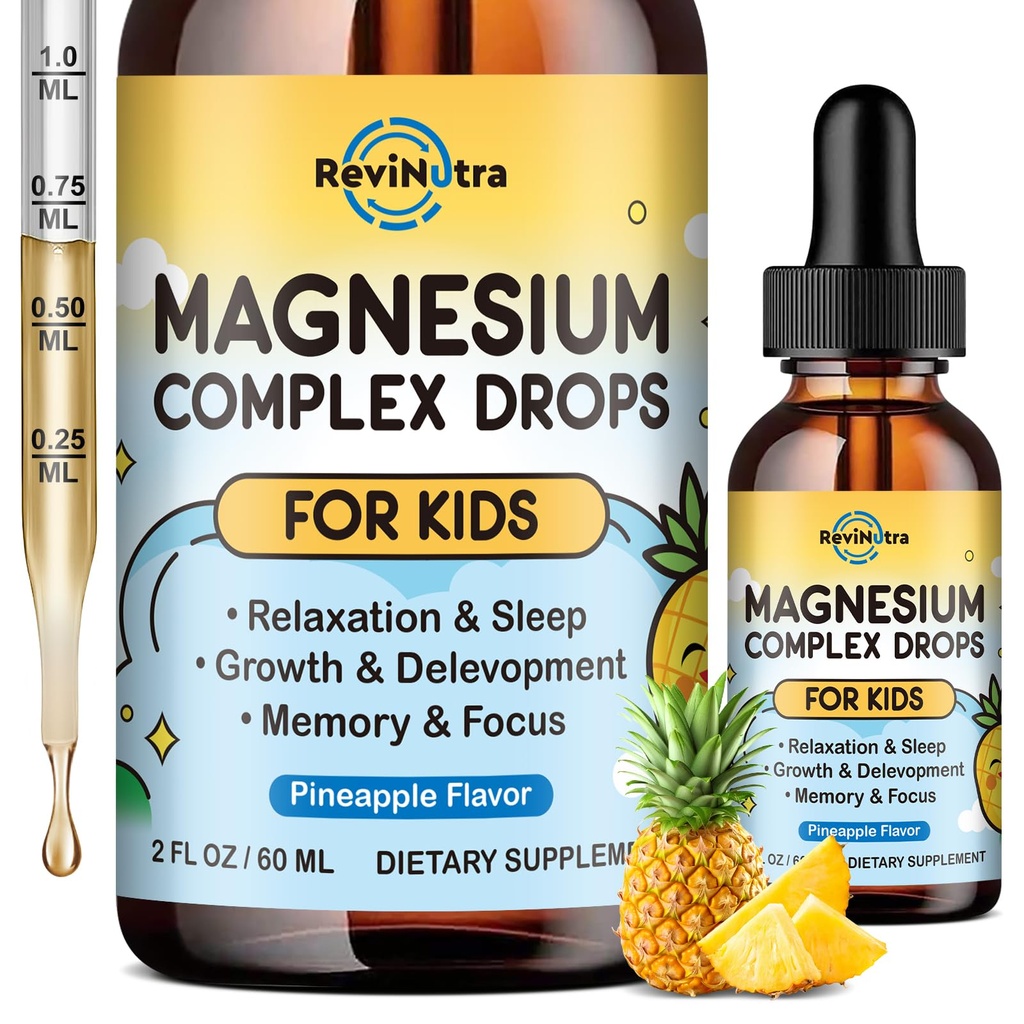 Kids Magnesium Liquid Drops - Magnesium Glycinate Liquid for Kids, Magnesium Supplement with L-Theanine, Calcium, Zinc, Vitamin D3 K2 for Sleep Calm Relaxation Brain Bones, Pineapple Flavor 2 Fl Oz