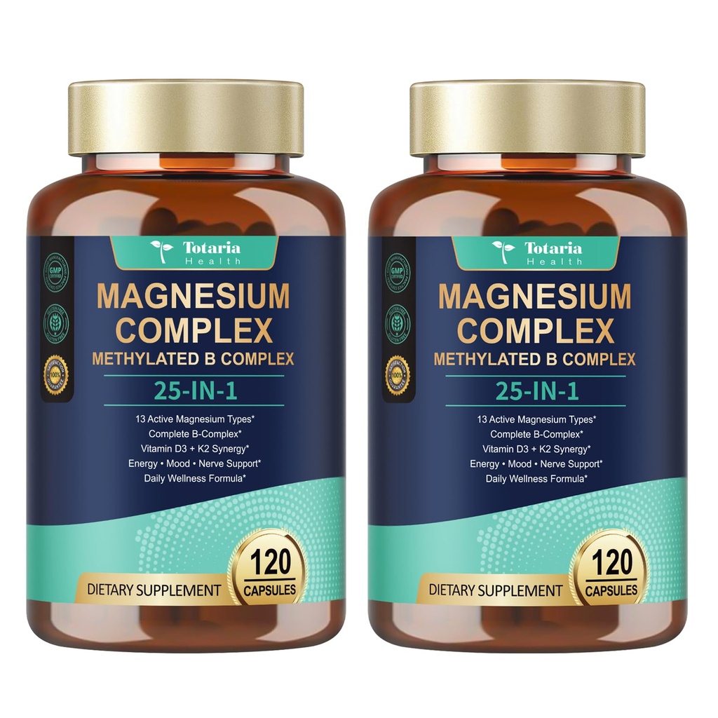 25-in-1 Magnesium Complex w/Methylated B Complex Women Men, 2 Bottles