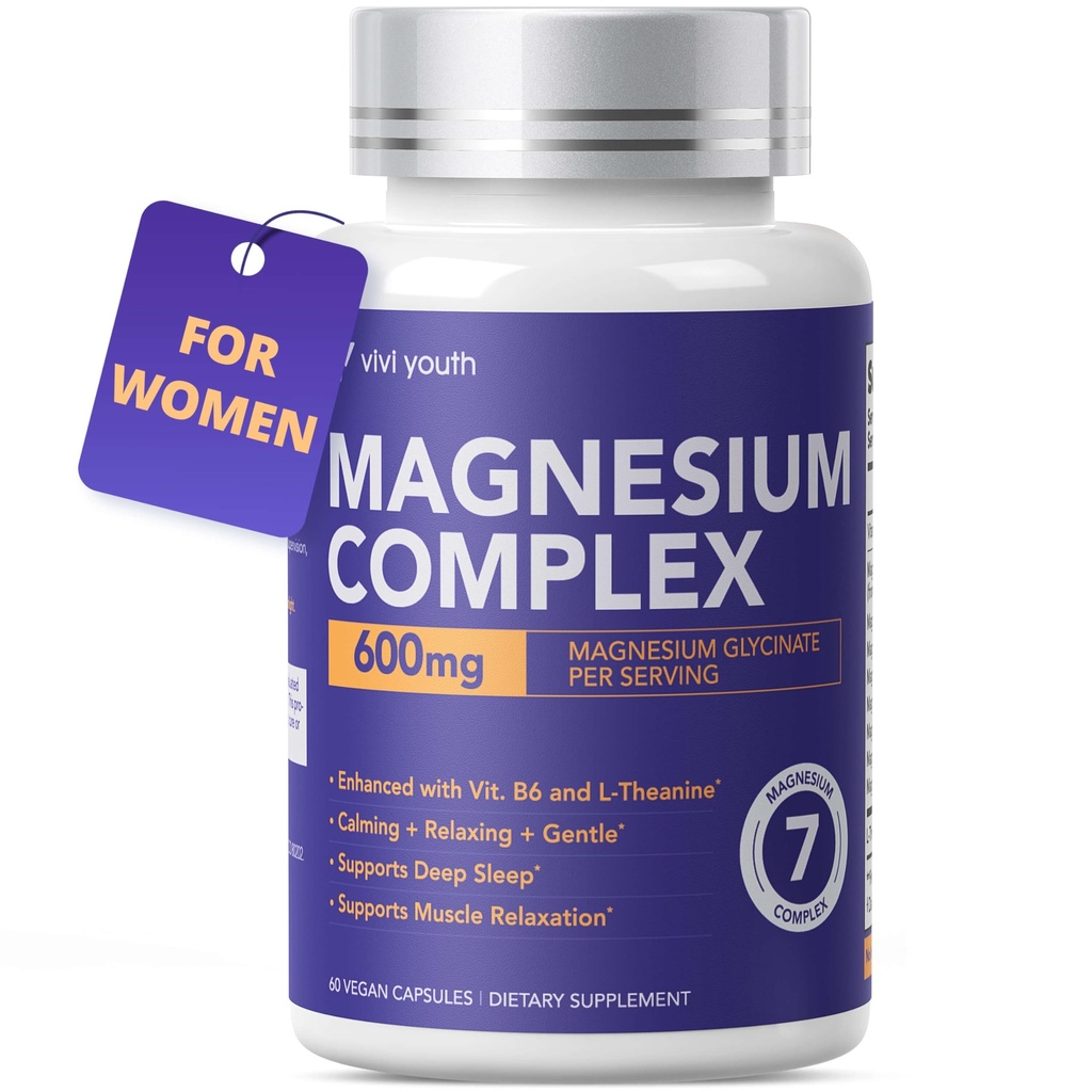 Magnesium 7 Complex for Women 1600mg, Magnesium Glycinate 600mg 7 High Absorption Magnesium Supplement with Citrate, Malate, Chelate, Taurate, Gluconate, Aspartate & Ascorbate for Sleep, 60 Capsules