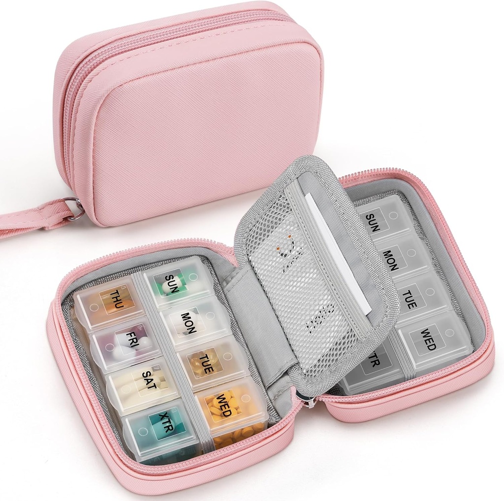 Zannaki schattige pil Organizer voor portemonnee met twee verwijderbare 7-dagen pil Box, Travel PU lederen pil geval, draagbare wekelijkse pil container met opslagzak om vitamines te houden, visolie, supplementen (Roze)